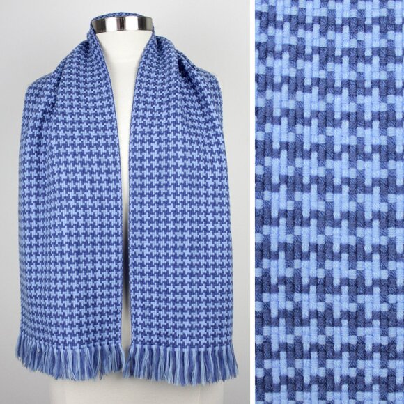 Vintage Blue Houndstooth Scarf with Fringe - Picture 1 of 5